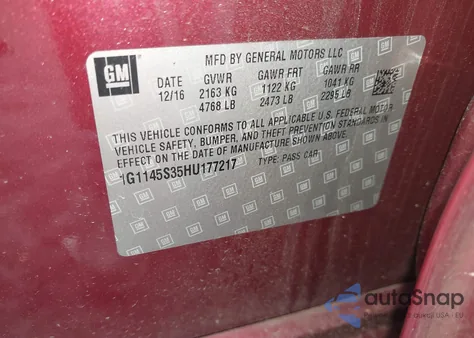 2017 Chevrolet Impala 2Lz from USA, damaged, VIN 1G1145S35HU177217